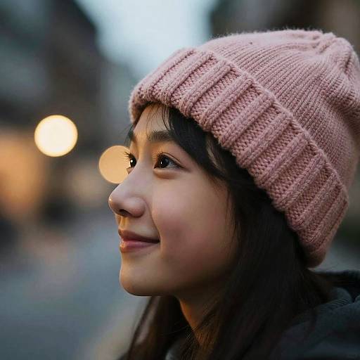 Smiling Girl in Pink Beanie at Dusk