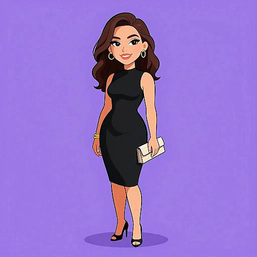 Digital illustration of a confident woman with wavy brown hair, wearing a black sleeveless dress, holding a white clutch, and black high heels, standing