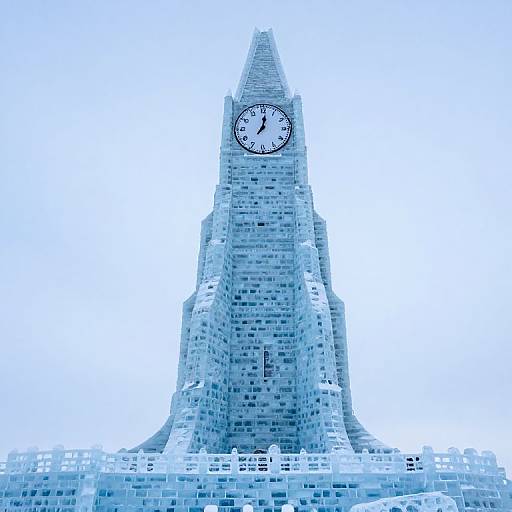 Photograph of a tall, blue-tinted, ice sculpture clock tower with a white clock face and black hands, set against a bright blue sky