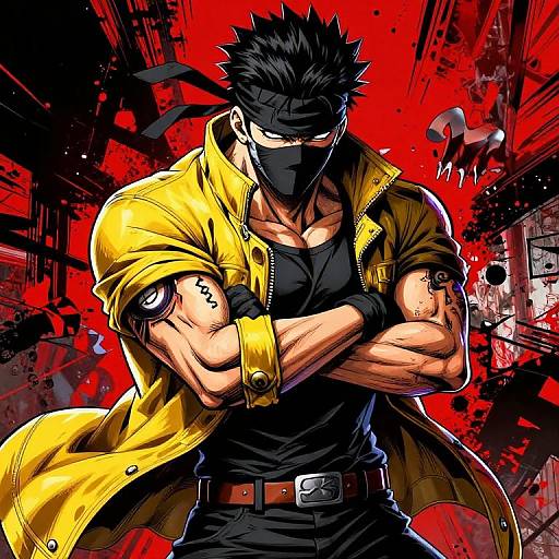 Muscular anime man with black hair, yellow jacket, black mask, and black shirt, arms crossed, intense red and black background. Digital art.