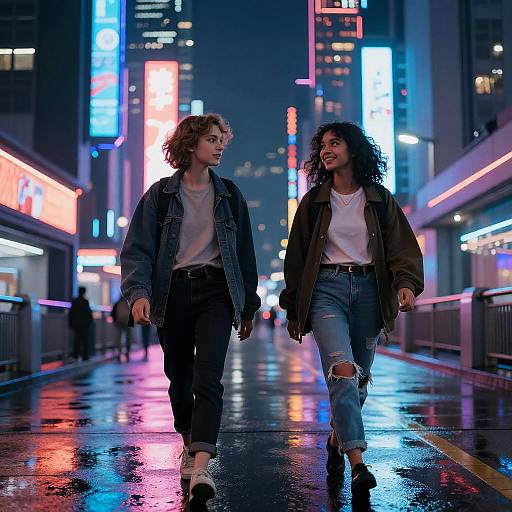 Photograph of two young women with curly hair, one blonde and one dark-haired, walking in a neon-lit, rainy urban street at night,