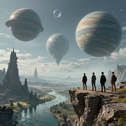 Digital art: Four silhouetted figures on a cliff, gazing at floating, planet-like airships over a fantastical, mountainous landscape