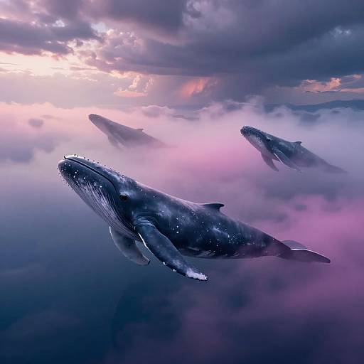 Photograph of three majestic blue whales soaring through misty, purple-hued clouds with a dramatic, twilight sky backdrop.