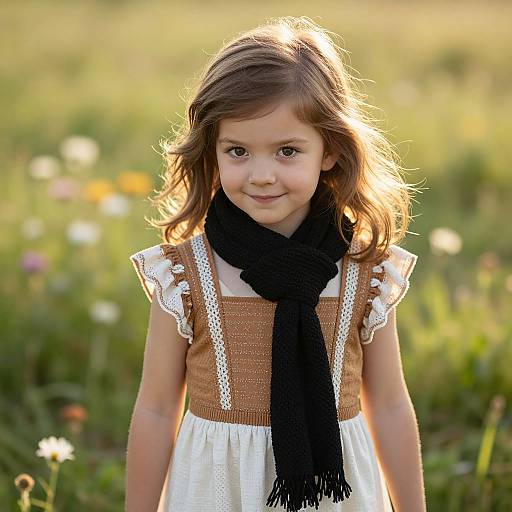 Photograph of a cute young girl with light brown hair, wearing a brown and white dress with a black scarf, standing in a sunlit meadow