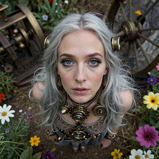 Photograph of a fair-skinned woman with silver hair, blue eyes, steampunk accessories, looking up, surrounded by colorful flowers and old machinery