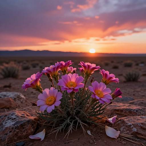 Photograph of vibrant pink and yellow desert flowers in the foreground, with a dramatic orange and pink sunset over a rocky, arid landscape in the background