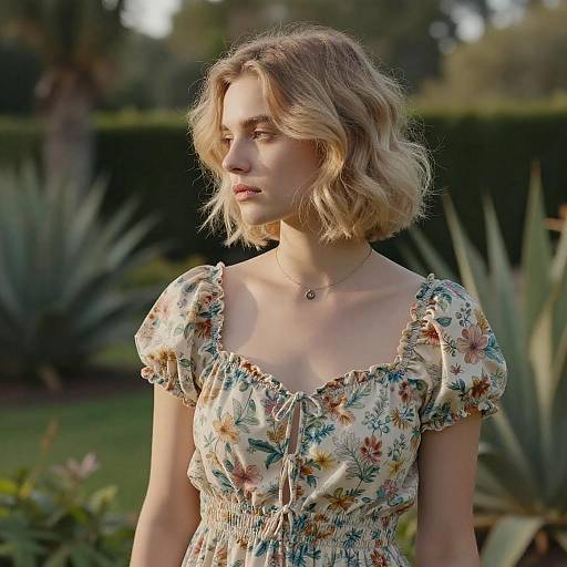 Photograph of a blonde woman with wavy hair in a floral, puffed-sleeve dress, standing outdoors with a blurred garden background.