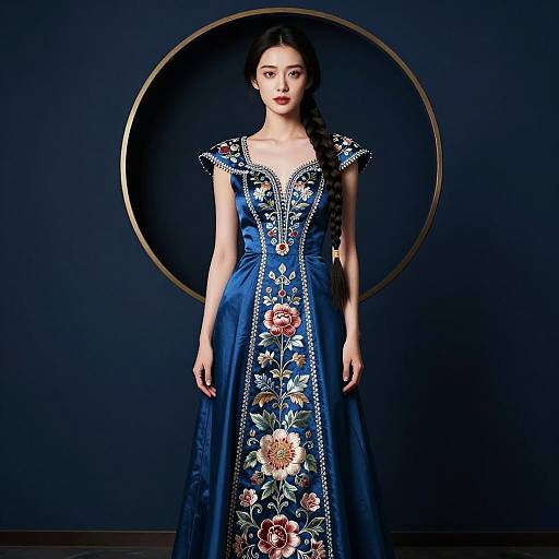 Woman in Blue Floral Embroidered Gown