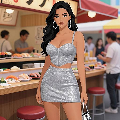 Digital illustration of a curvy woman with long black hair, wearing a silver sequin crop top and skirt, standing in a bustling sushi restaurant. Large