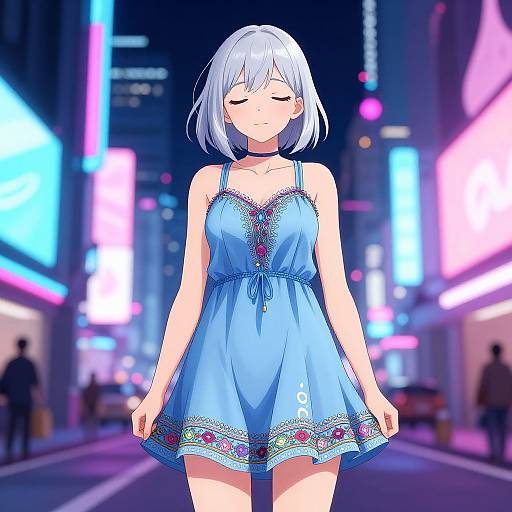 Anime-style digital drawing of a cute, white-haired girl in a blue, floral-embellished dress, walking down a neon-lit city street