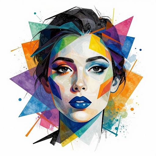 Digital pop art portrait of a woman with black hair, blue lips, and multicolored geometric triangles and splatters on white background.
