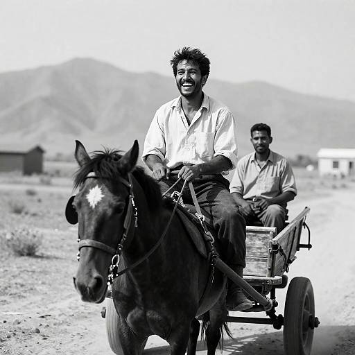 Joyful Man in Desert on Wagon