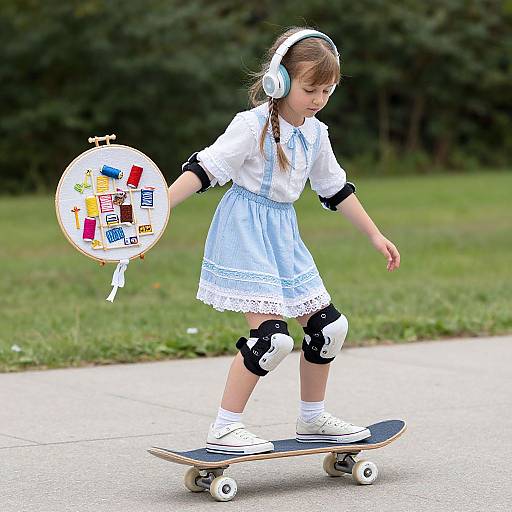 Victorian Girl Skateboarding with Headphones
