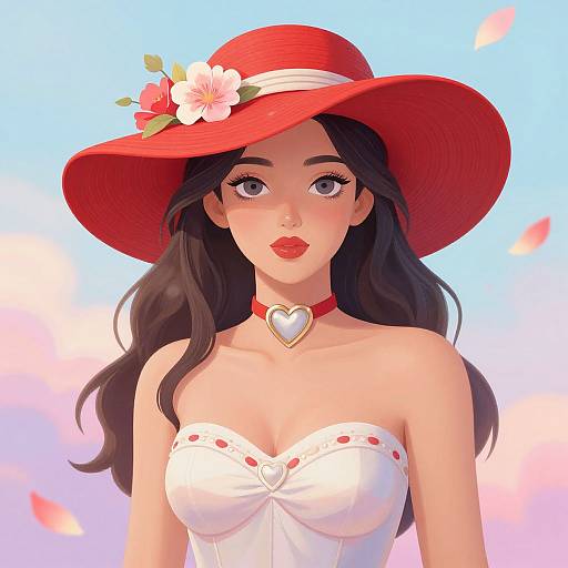 Digital illustration of a beautiful woman with long black hair, wearing a red sunhat, white strapless dress, and red choker with heart pendant,