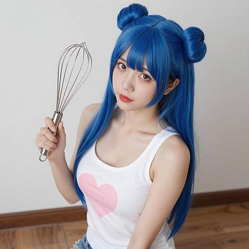 Woman with Blue Twin Buns Holding Whisk