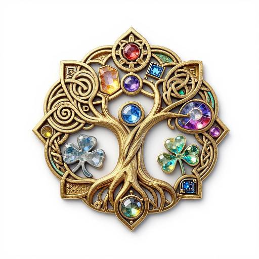 Ornate, gold Celtic tree brooch with colorful gemstones: red, blue, green, purple, and clear, set in intricate, swirling
