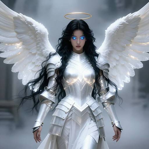 Digital artwork of an ethereal angel with glowing blue eyes, long black hair, white feathered wings, and shining silver armor, halo above head,