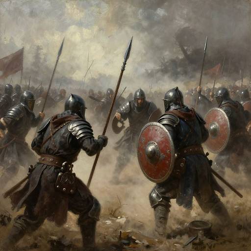 Digital painting of medieval battle: armored knights with helmets, spears, and shields clash in smoky, chaotic battlefield under cloudy sky.