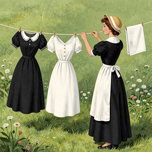Digital illustration of a young woman in a black dress and white apron, hanging black and white dresses on a clothesline in a green grassy field