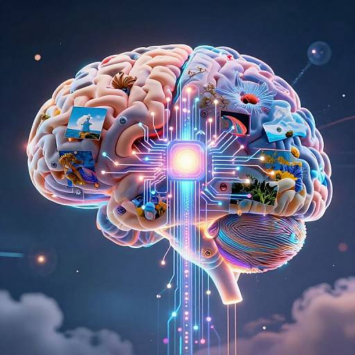 CGI image of a glowing, digital human brain with colorful, floating images and neon circuits against a night sky with clouds.