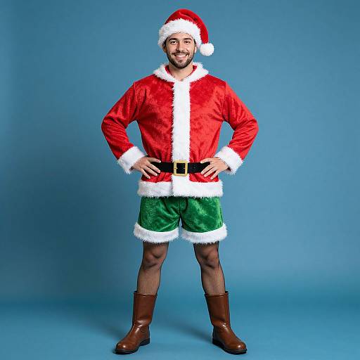 Photograph of a smiling man in a red Santa outfit with white fur trim, green velvet shorts, black belt, brown boots, and Santa hat,