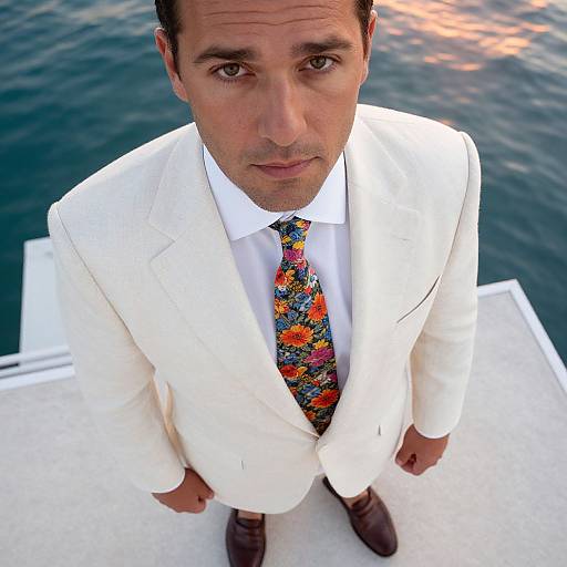 Photograph of a serious-looking middle-aged man with short dark hair, wearing a white suit, colorful floral tie, and brown shoes, standing on a