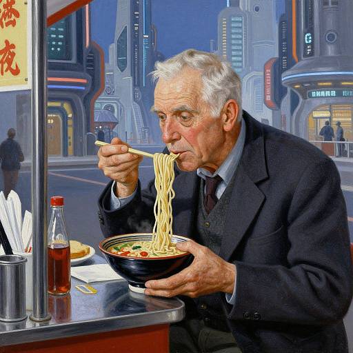 Elderly Man Eating Ramen Futuristic