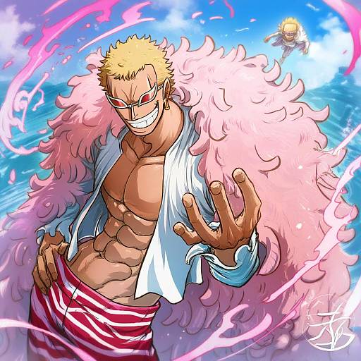 Illustration of Donquixote doflamingo, one piece in the style of Chamaji