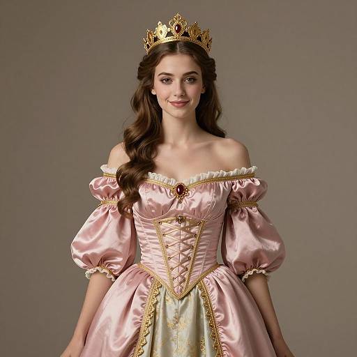 Young Woman in Elegant Pink Satin Gown and Gold Crown