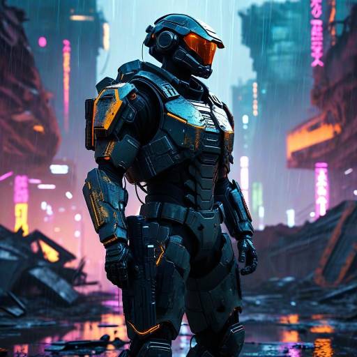 Futuristic Bioengineered Soldier in Neon Ruins