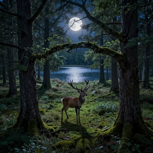 Photograph of a majestic deer with large antlers standing in a mossy forest clearing, framed by a tree arch, with a full moon and reflective