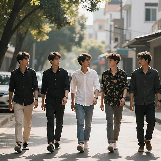 Sunlit Urban Walk: Five Young Men