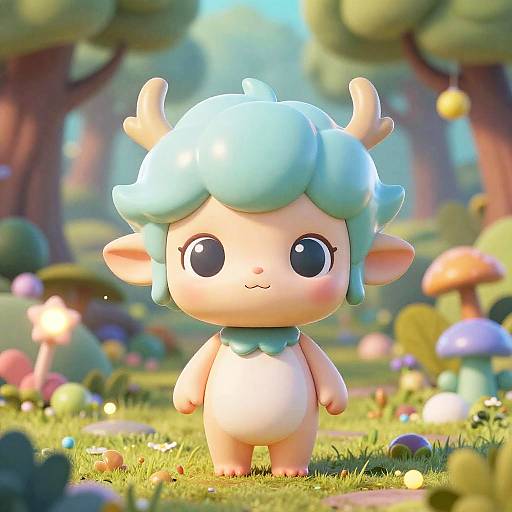 Cute, chibi-style digital drawing of a pastel-colored, horned, fairy-like creature with blue hair and large black eyes, standing in