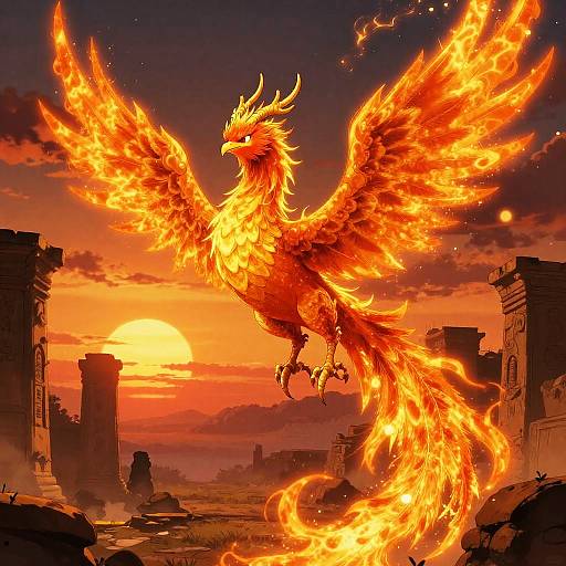 Fiery Phoenix Dragon Over Ancient Ruins