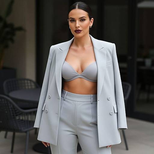 Photograph of a confident woman with dark hair in a sleek bun, wearing a light blue blazer, matching high-waisted pants, and a