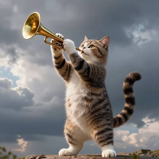Photograph of a tabby kitten with white paws and chest, standing on a ledge, playing a small golden trumpet against a dramatic cloudy sky.