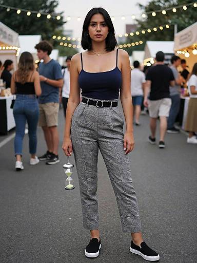 Photograph of a young woman with medium skin tone, black bob haircut, wearing a black tank top, gray checkered high-waisted pants,