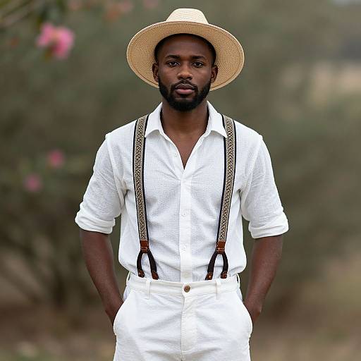 Photograph of a bearded Black man in white shirt and pants, tan straw hat, brown suspenders, standing outdoors with blurred greenery background.