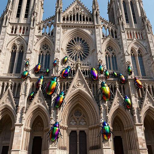 Photograph of Notre Dame Cathedral adorned with colorful, iridescent beetle sculptures hanging from its Gothic arches on a clear blue sky day.