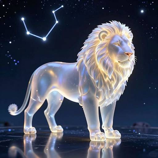 Glowing digital rendering of a majestic white lion with a luminous mane, standing under a starry night sky with a constellation.