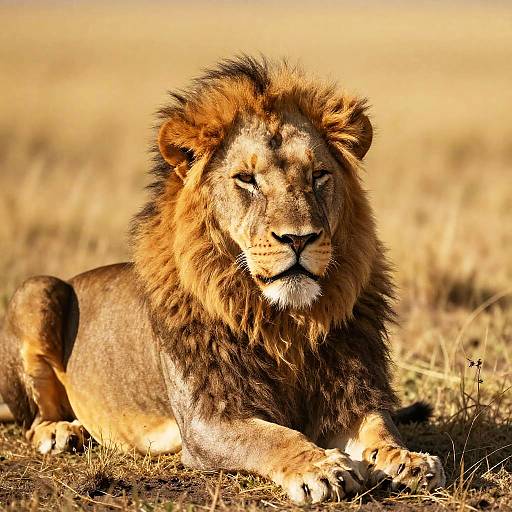 Photograph of a majestic male lion with a thick, dark mane, lying in a sunlit grassy savanna, eyes half-closed, ex