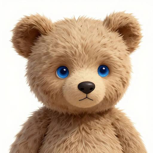 Digital illustration of a cute, fluffy, light-brown teddy bear with large, bright blue eyes and a small black nose, set against a plain