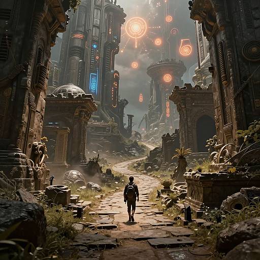 Digital art of a futuristic, ruins-filled alleyway with glowing neon orbs, a lone figure in dark clothing walking towards towering, ancient-tech structures. Over