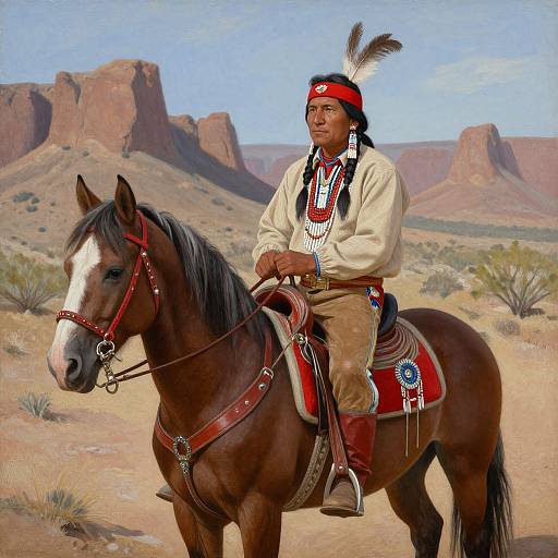 Native American man in traditional attire with red headband and feather, riding brown horse in desert landscape with red rock formations. Photorealistic painting.