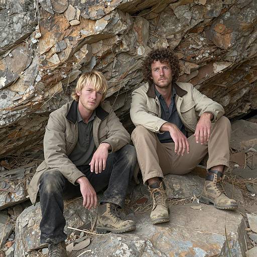 Two Men Sitting Against Rocky Cliff
