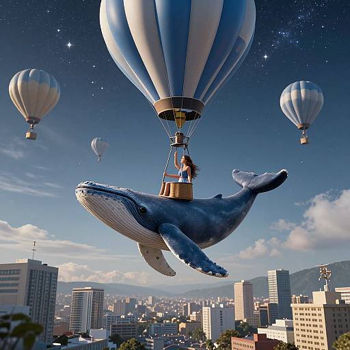 Digital artwork of a woman in a hot air balloon basket, riding a giant blue whale over a cityscape with multiple hot air balloons in a starry