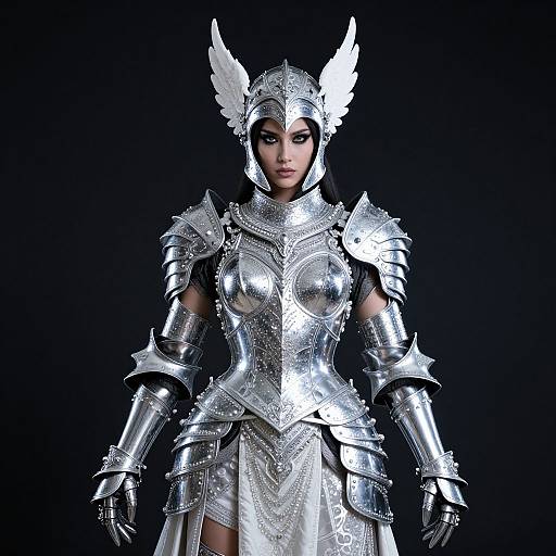 Photorealistic CGI of a fierce, silver-armored female warrior with white winged helmet, dark hair, and intense expression against a black background.