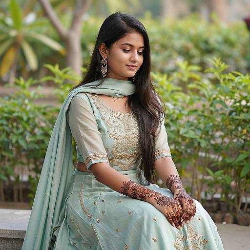 Photograph of a beautiful Indian woman with long black hair, wearing a light green traditional saree with gold embroidery, and red mehndi on