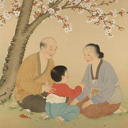 Traditional Asian Family Under Cherry Blossom Tree