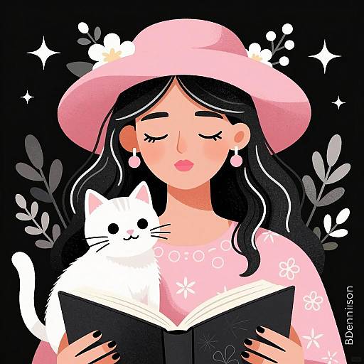 Calm Woman with Cat and Floral Patterns